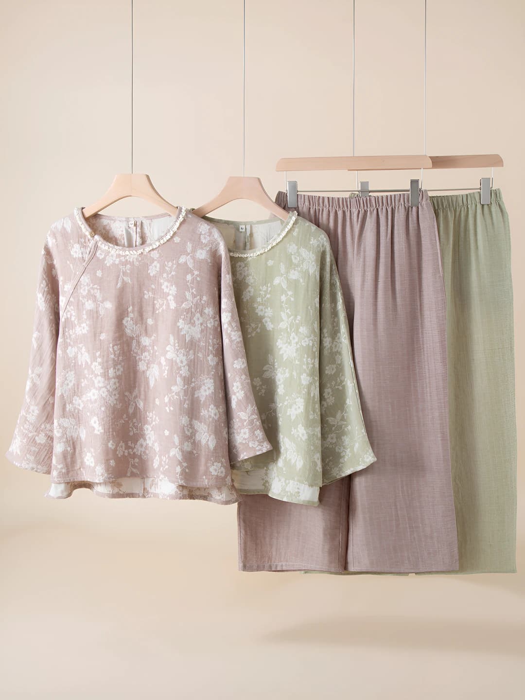 Women's thin cotton-linen loungewear set, crew neck, long sleeve, trousers, retro style, spring-summer-autumn