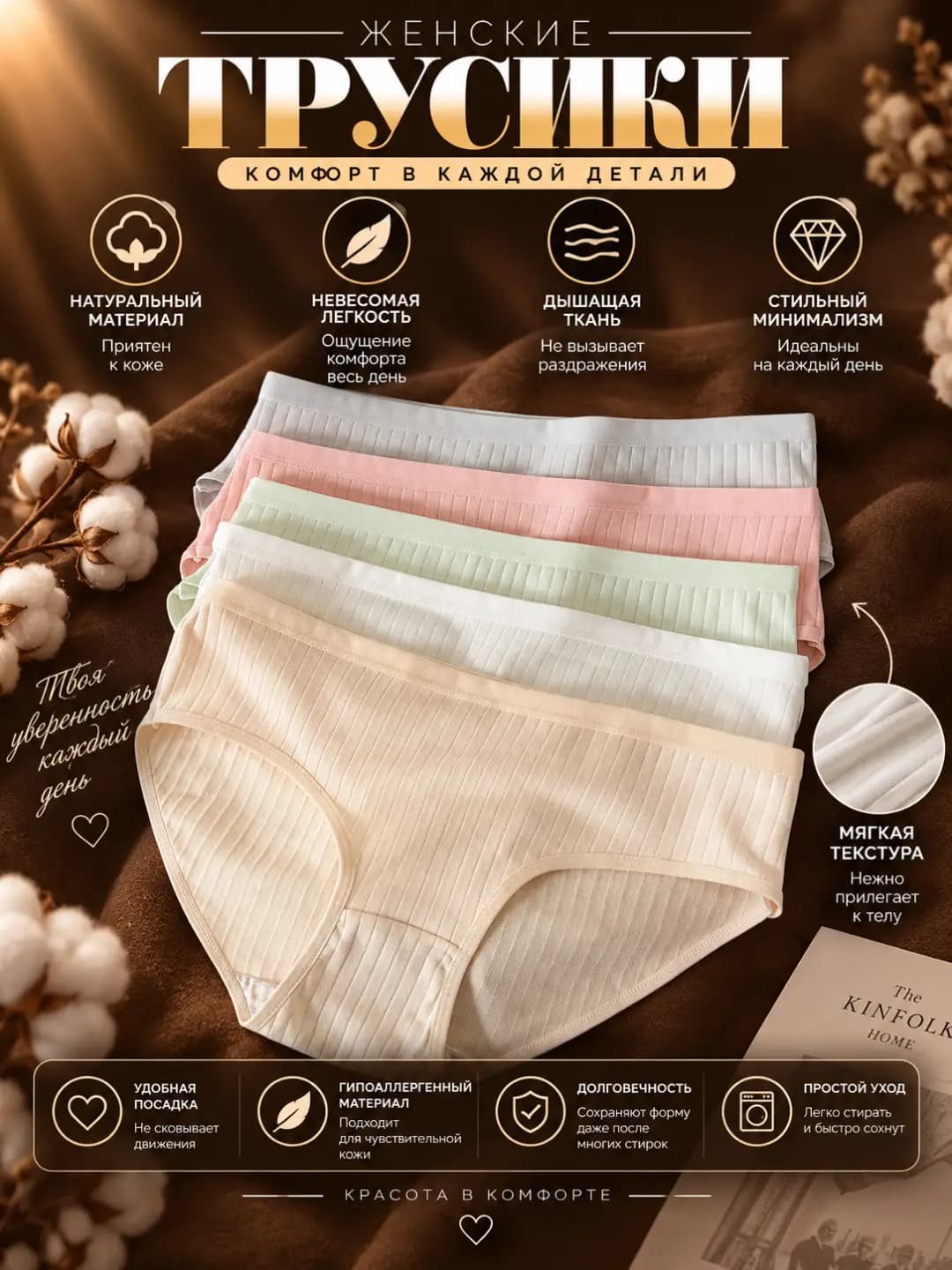 Women's pure cotton briefs, mid-waist, solid colour, breathable, seamless, hip-lifting, all-season