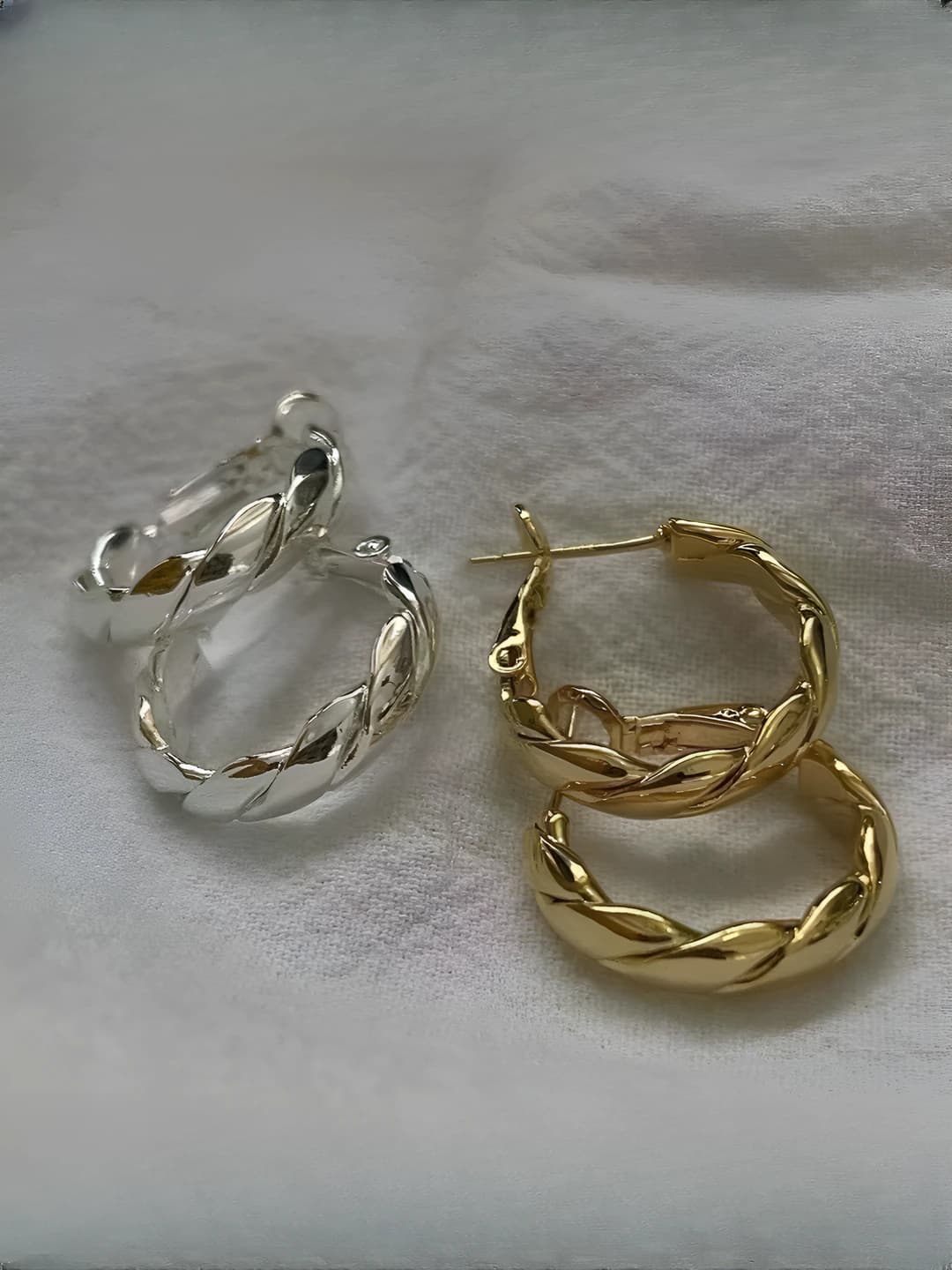 Women's retro cable knit geometric hoop earrings, 18k palladium plating, simple style design