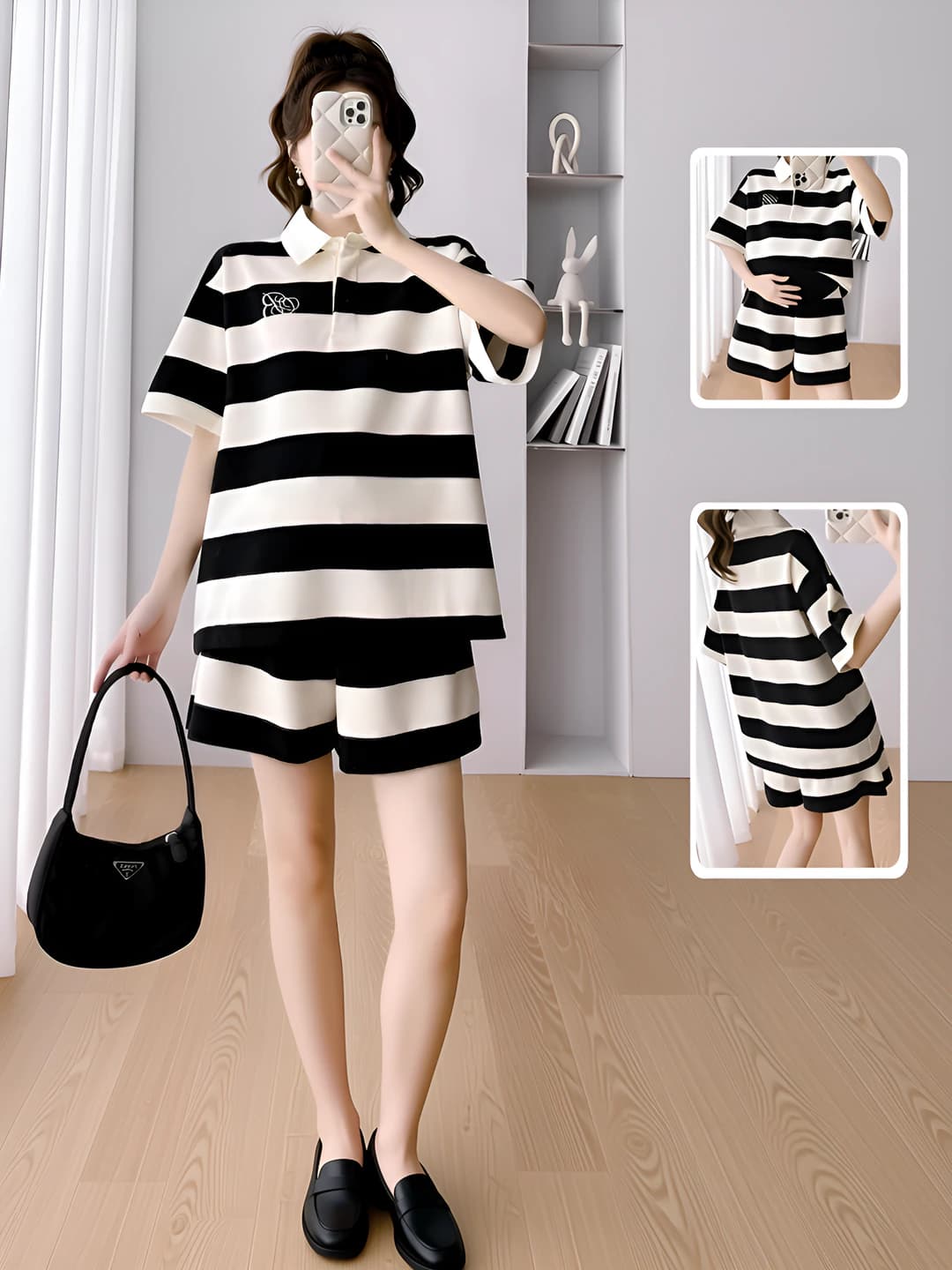 Women's striped polo top and shorts set, short sleeve, loose fit, petite, plus size, summer, casual style