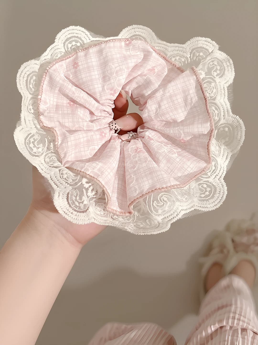 1# Розовый клетчатый кружевной край ~16 см