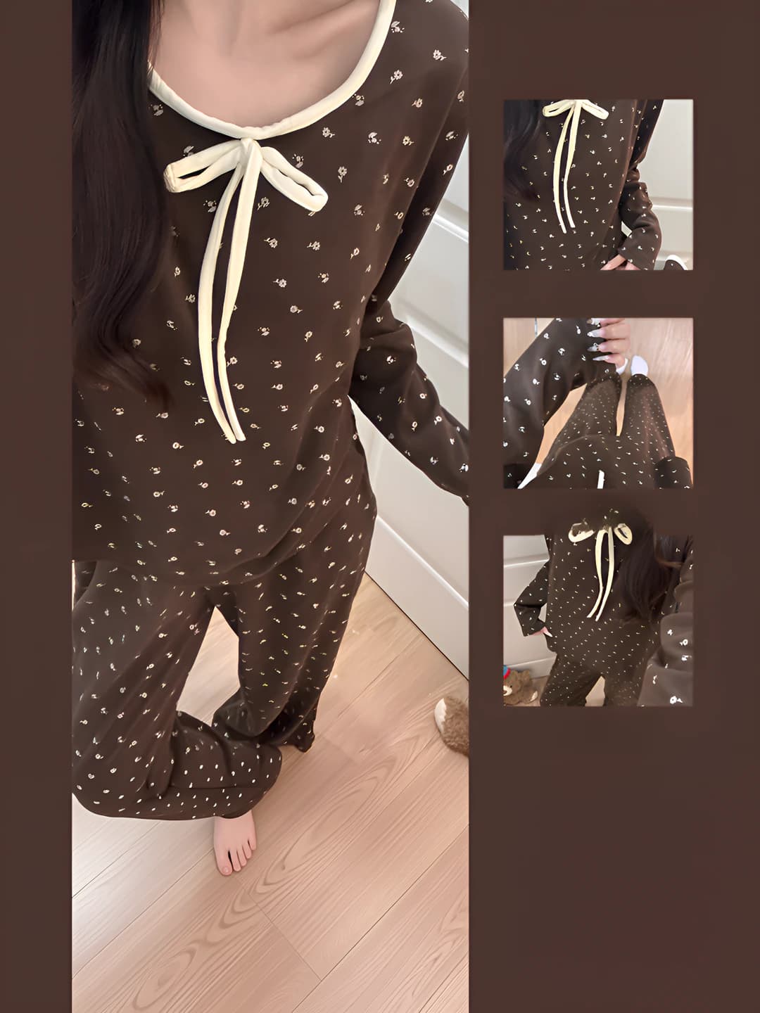 Ayollar uchun koreys uslubida kuz-qish uchun qalinlashtirilgan uzun yengli issiq saqlaydigan pijama to'plami (yuqori va uzun shim)