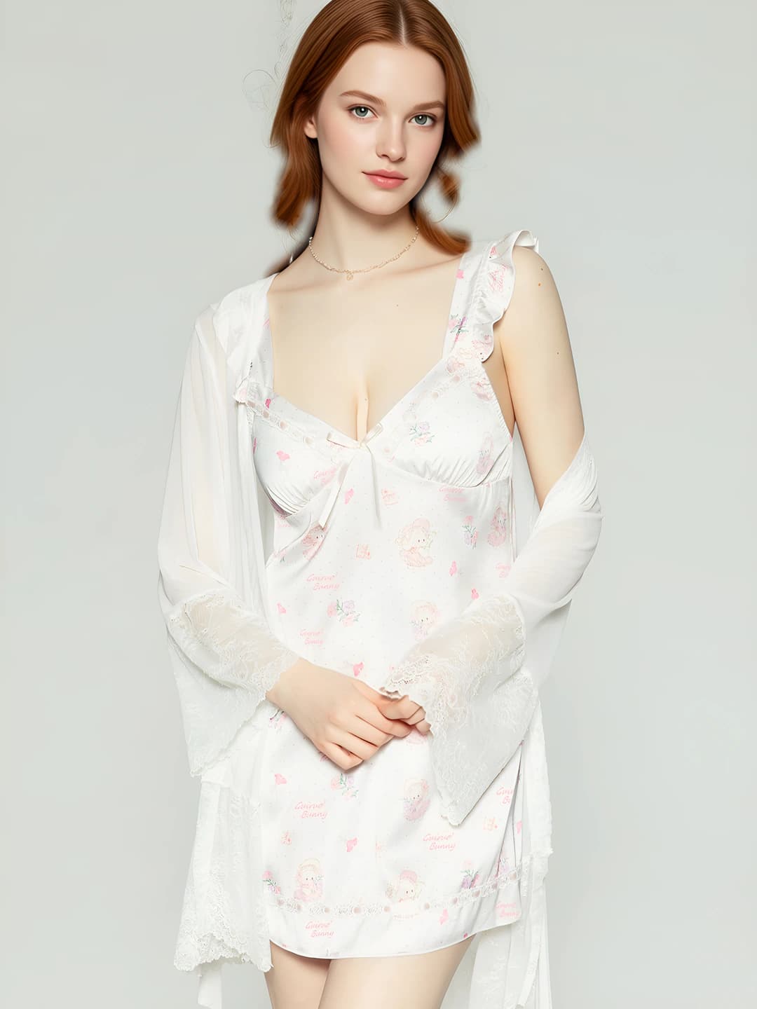 Women's home set: printed nightgown with V-neck, bracelet-length sleeve, stretchy breathable thin satin fabric and robe