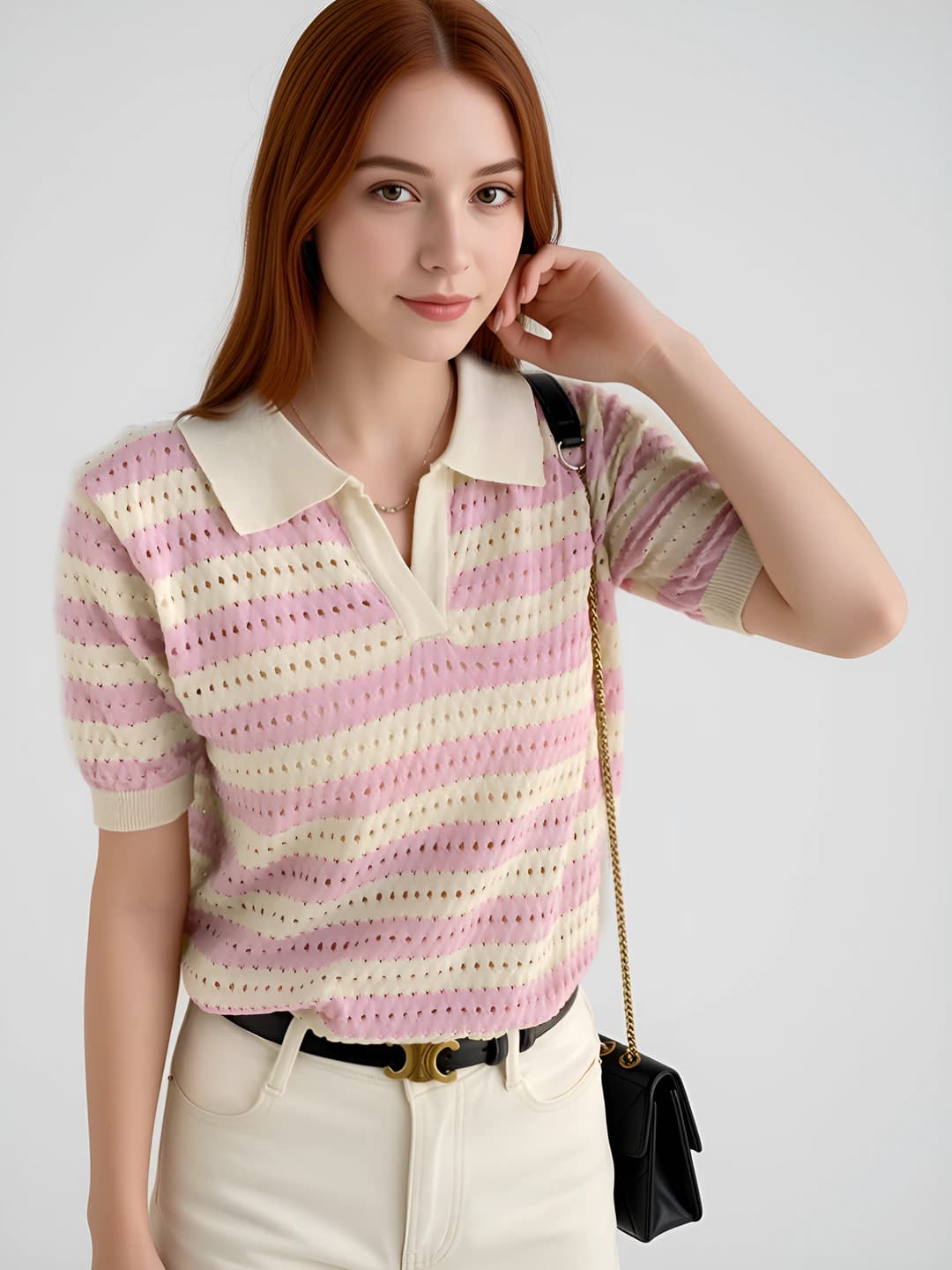 Women's knitted short-sleeve polo-collar top, striped, thin, loose fit, ice-silk fabric, summer