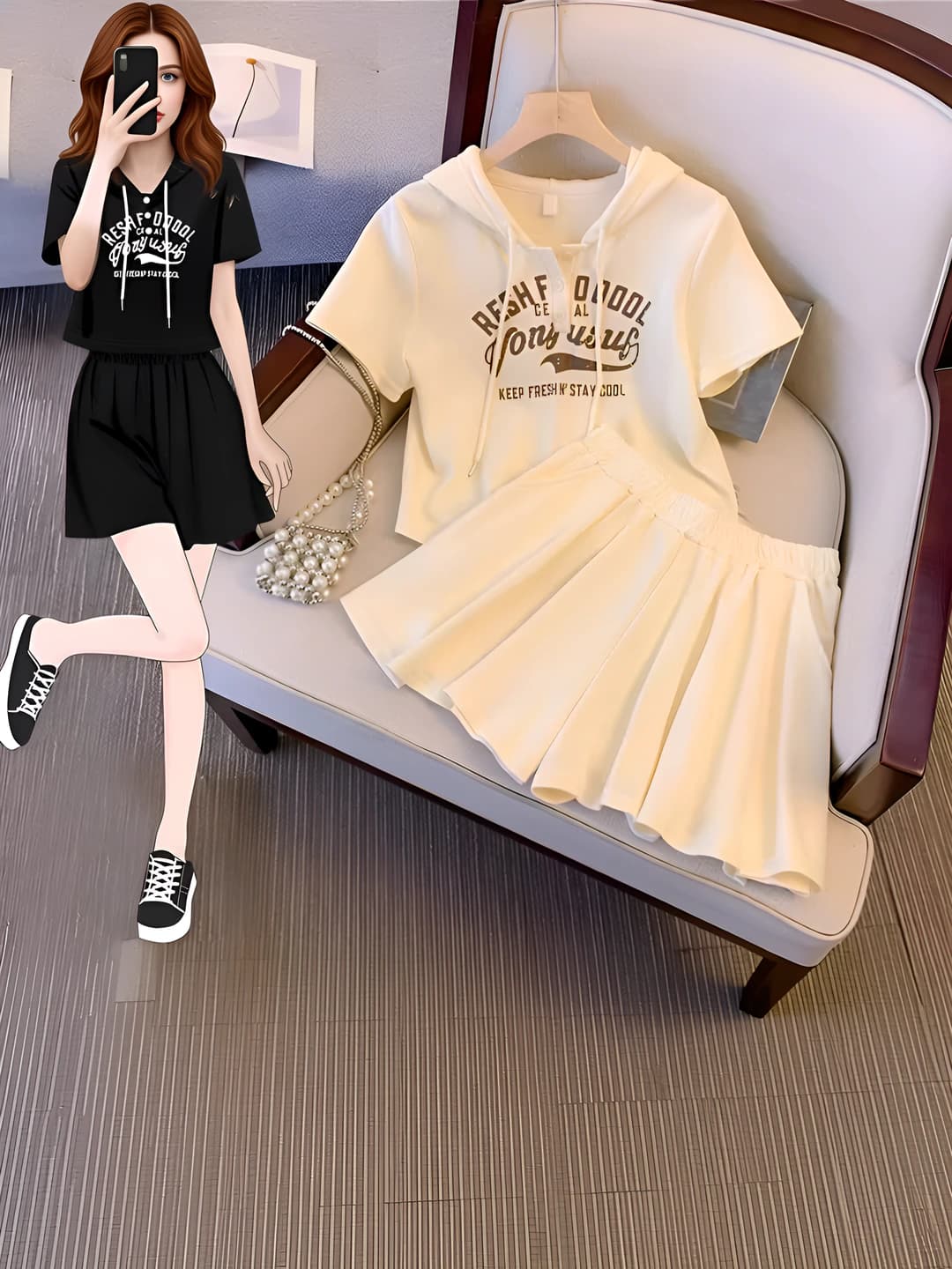 Women's plus size summer clothing set: hooded short-sleeve top and shorts, slimming, sports style, apricot color