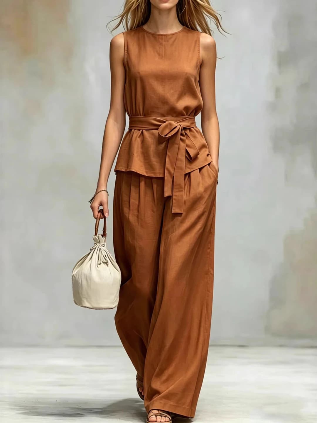 Women's summer sleeveless tank top and trousers set, solid colour, with belt, 90-95% polyester, 30% and above spandex