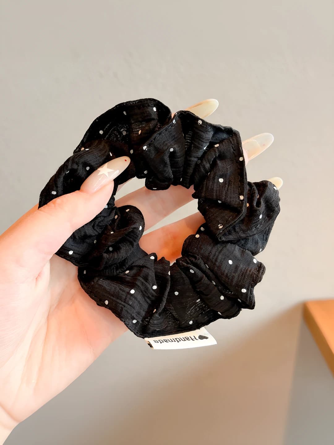 Black polka dot hair tie, 10 cm