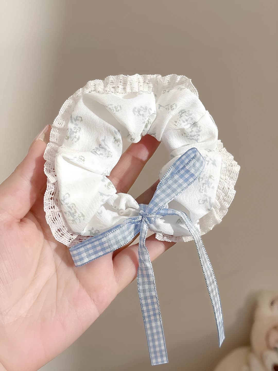 6# Blue plaid, bow, lace scrunchie ~10 cm