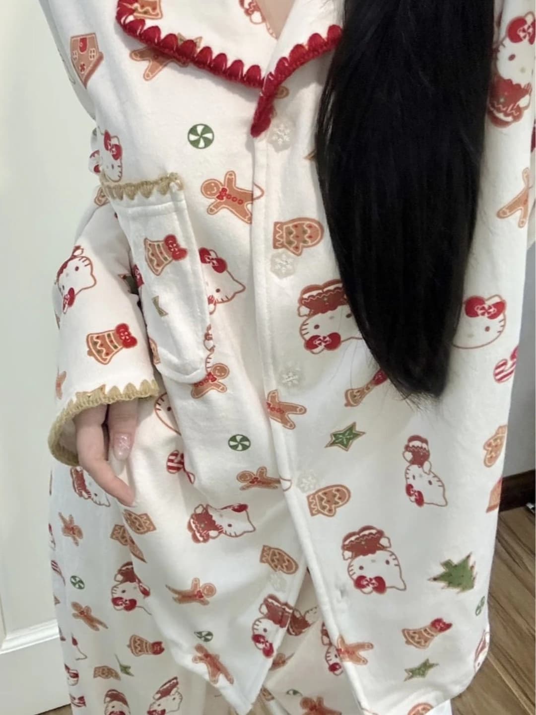 Women's 2026 winter pajama set: long-sleeve top and trousers, Derong fabric, printed cartoon Kitty cat, lapel collar, loungewear