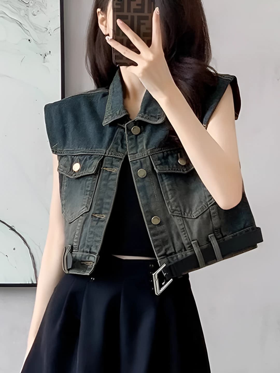 Women's summer retro denim vest, POLO collar, loose fit, cardigan style