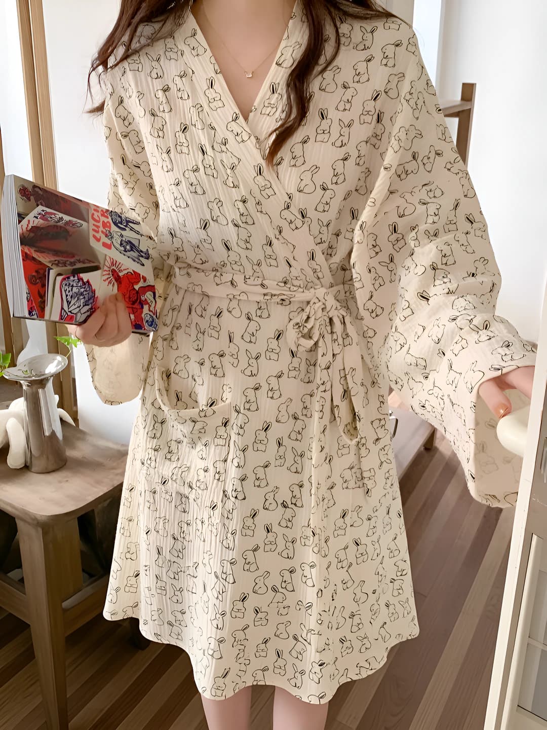 Women's house robe: long sleeve, V-neck, polyester, spring-autumn, sweet style