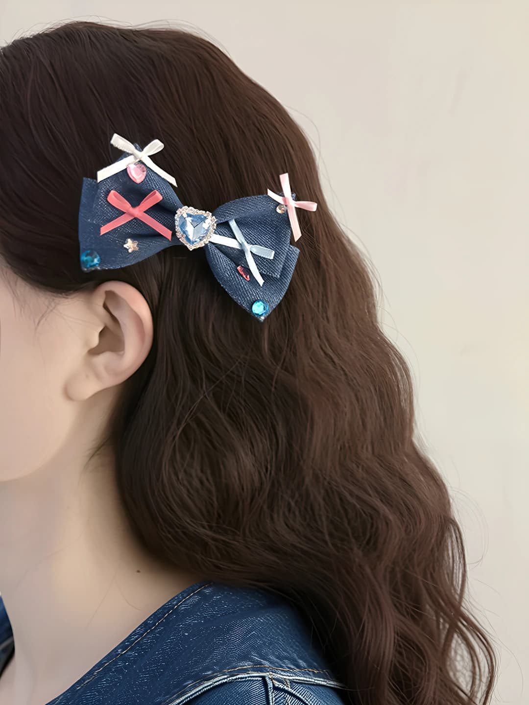 Women's side hair clips with heart and bow, blue denim with rhinestones, Korean style
