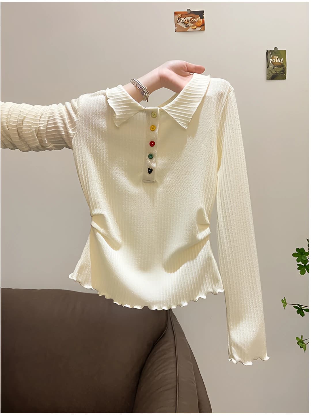 Women's long-sleeve polo t-shirt 2026 autumn, A-line fit, solid colour, with collar buttons