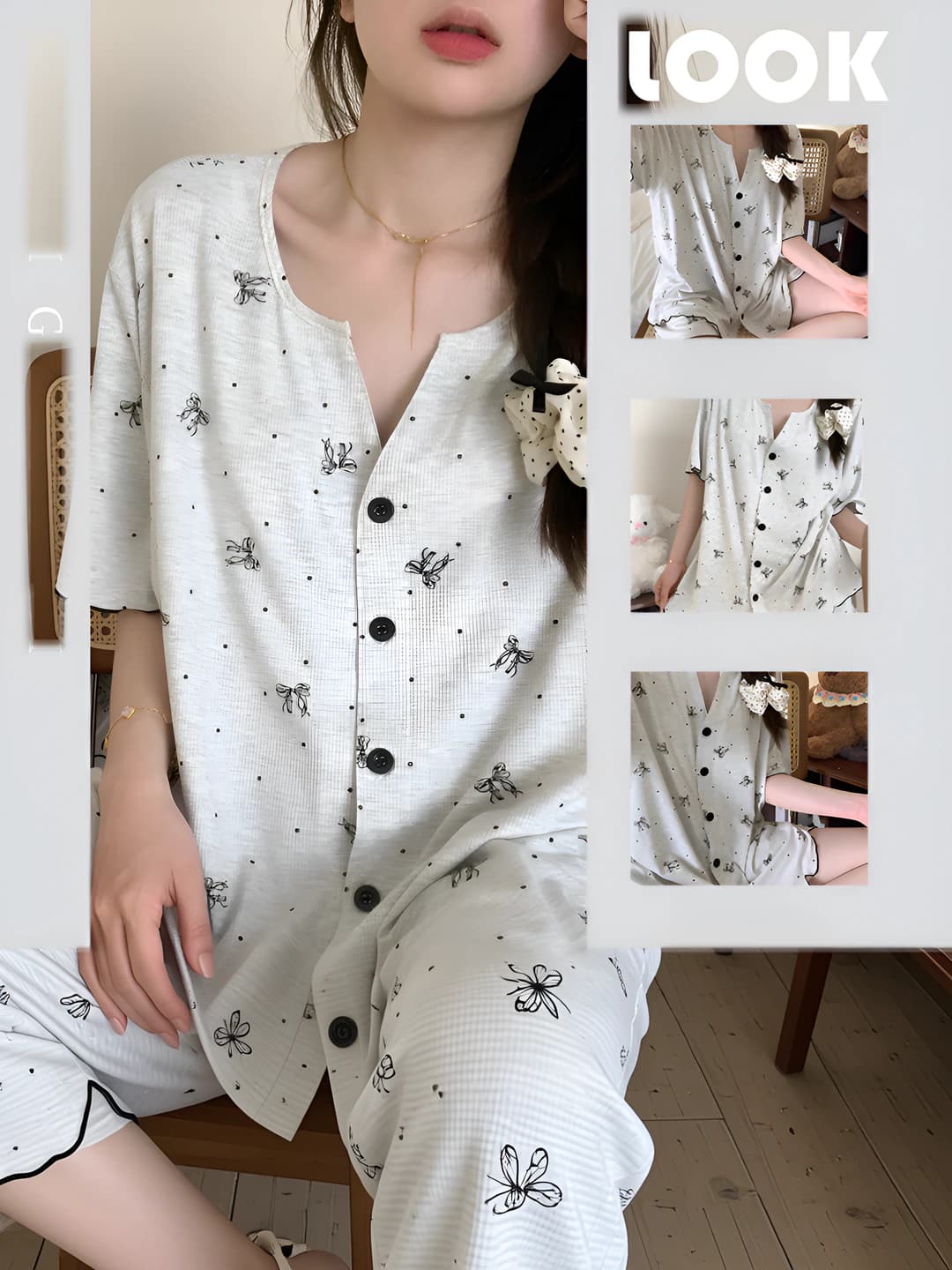 Women's summer pajama set: V-neck, short sleeve, polka dot and butterfly pattern, crew neck, breathable