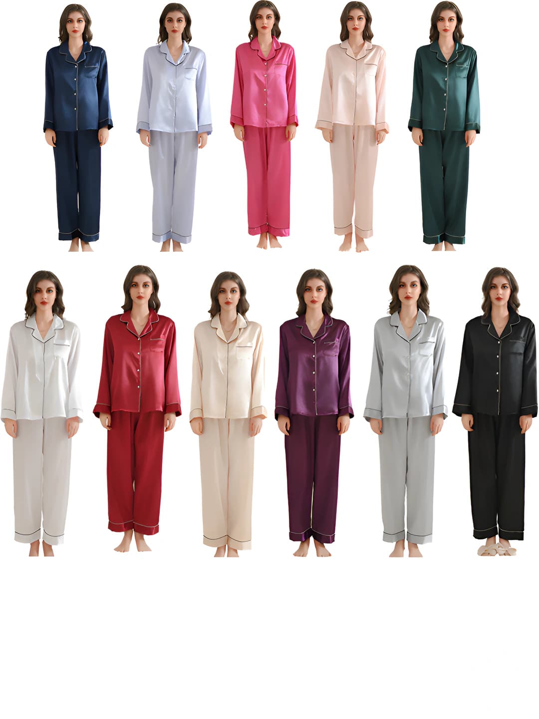 Women's satin pajama set, long-sleeve shirt and pants, blazer collar, bracelet-length sleeve, ankle-length trousers, thin fabric, spring-autumn
