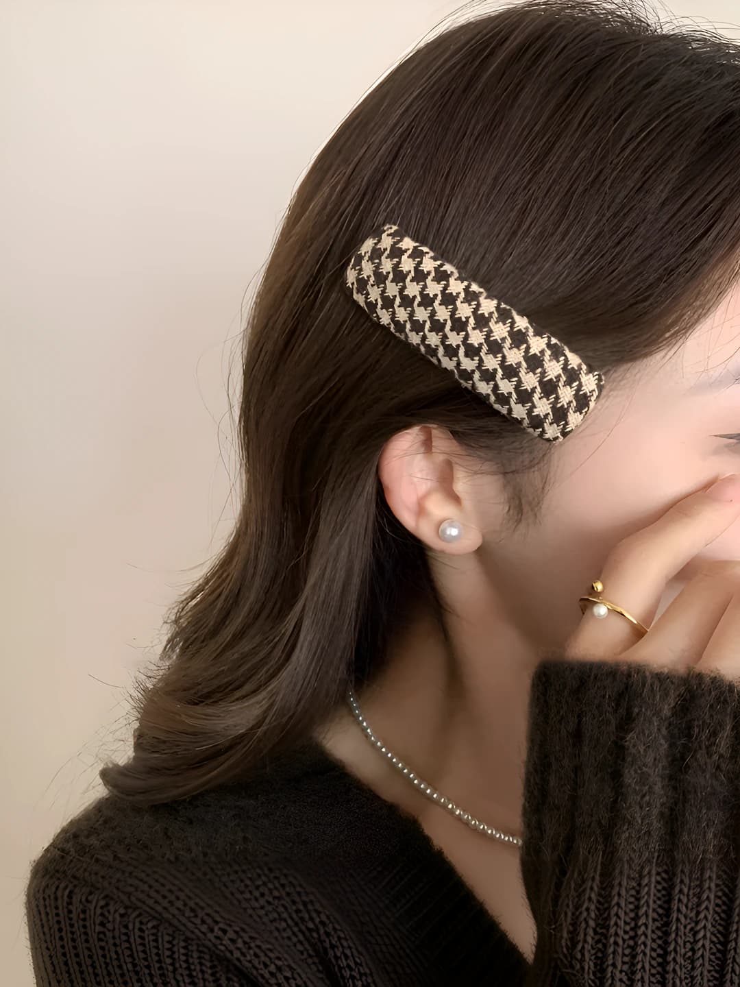2# Coffee houndstooth hair clip 8 cm
