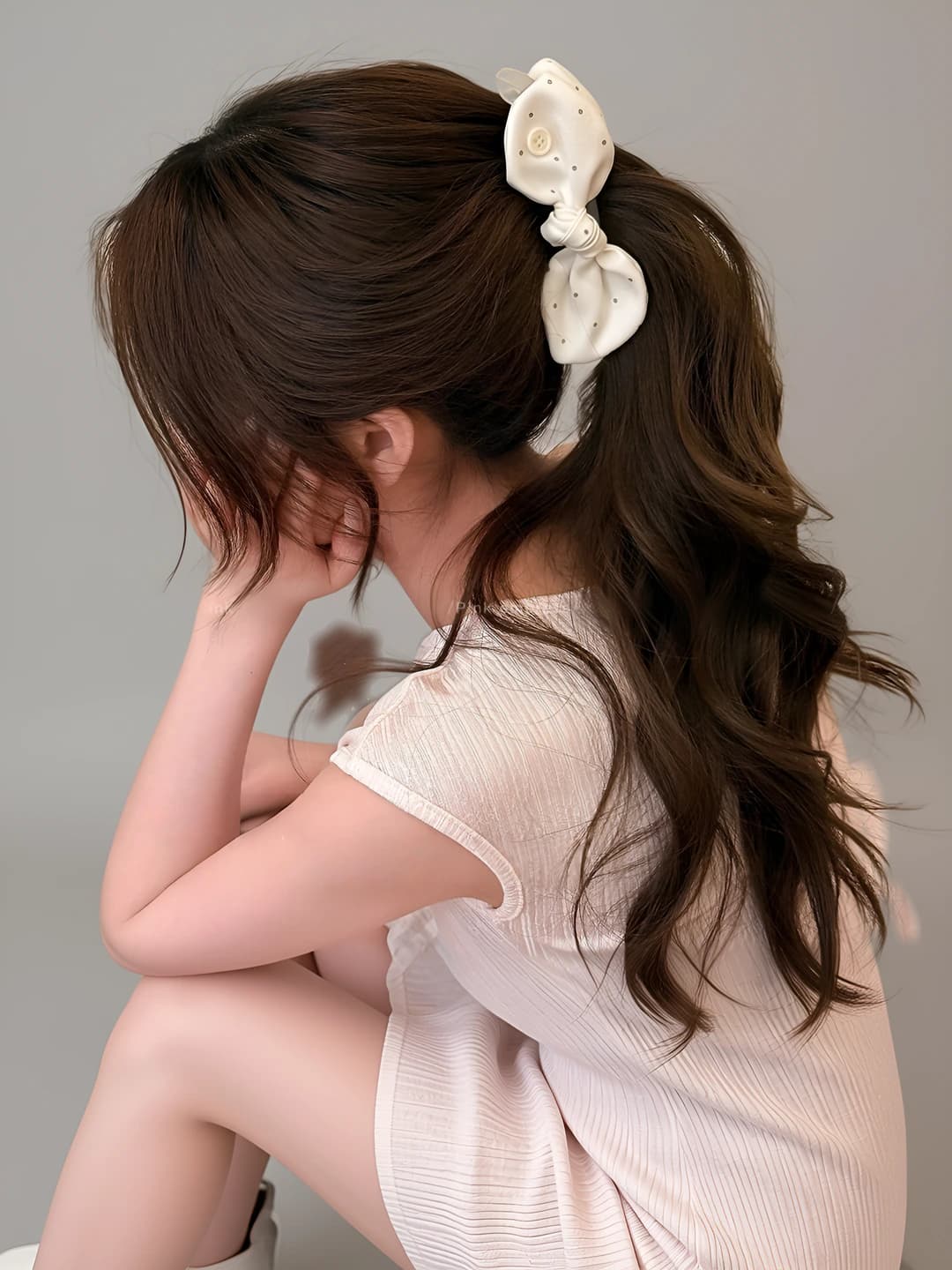 1# Beige bow clip base ~12.5cm