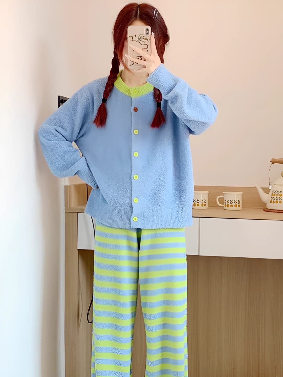 Women's winter warm thickened home wear set (cardigan and striped pants) in Korean style, wearable outside