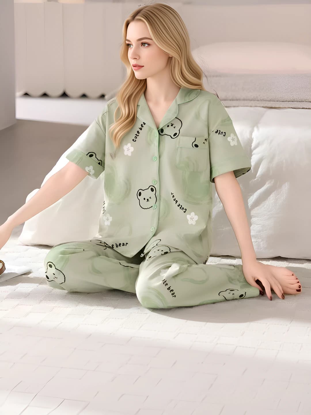 Ayollar uchun yozgi pijama to'plami: qaytarma yoqa, kalta yeng, uzun shim, yupqa, bo'sh (oversize), karton, uy kiyimi