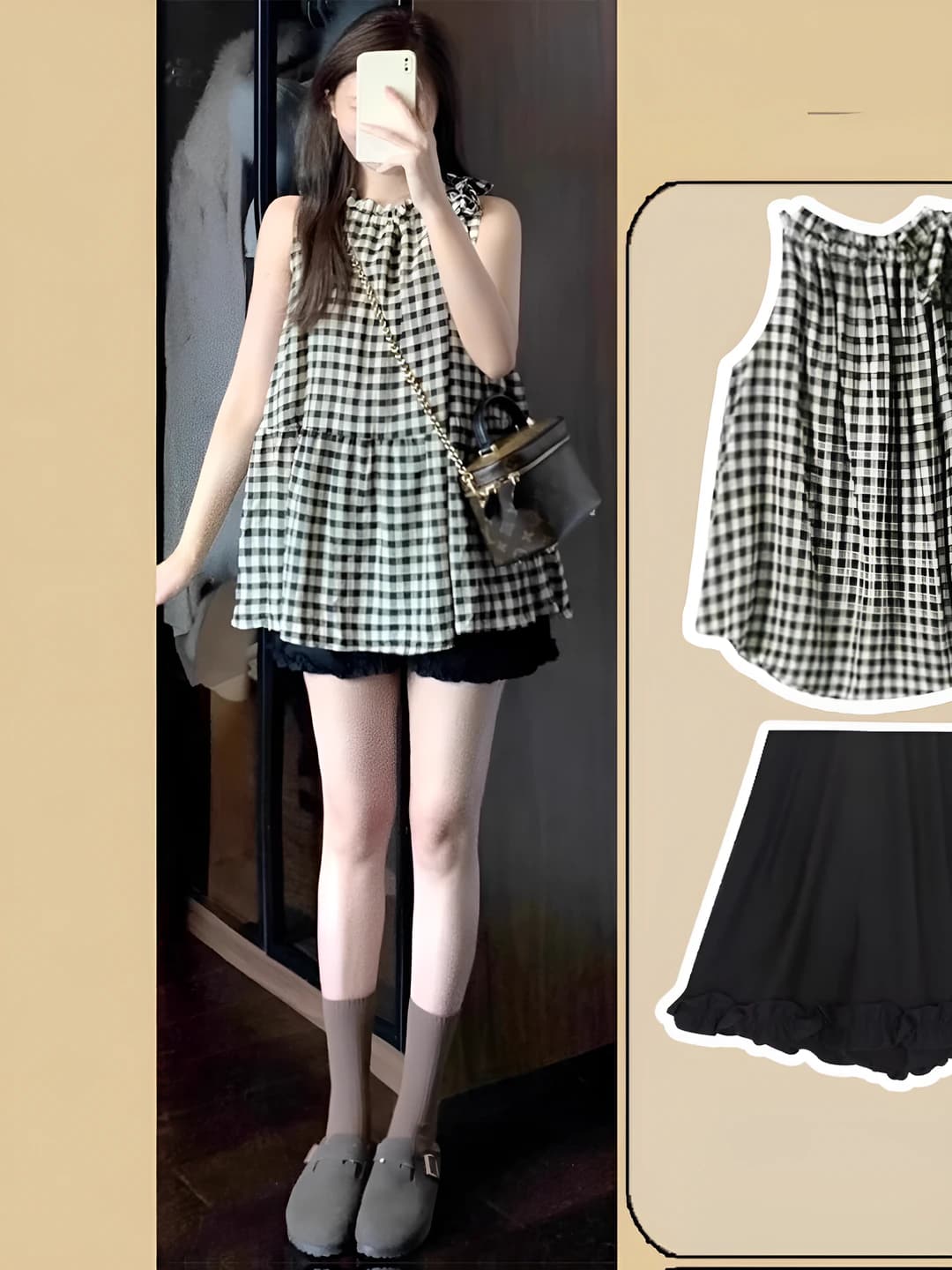 Women's summer sleeveless set: thin checked top with crew neck and short shorts