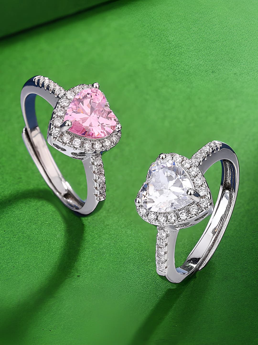 Women's ring with 1 carat moissanite imitation, pink heart shape, fully paved with zirconia