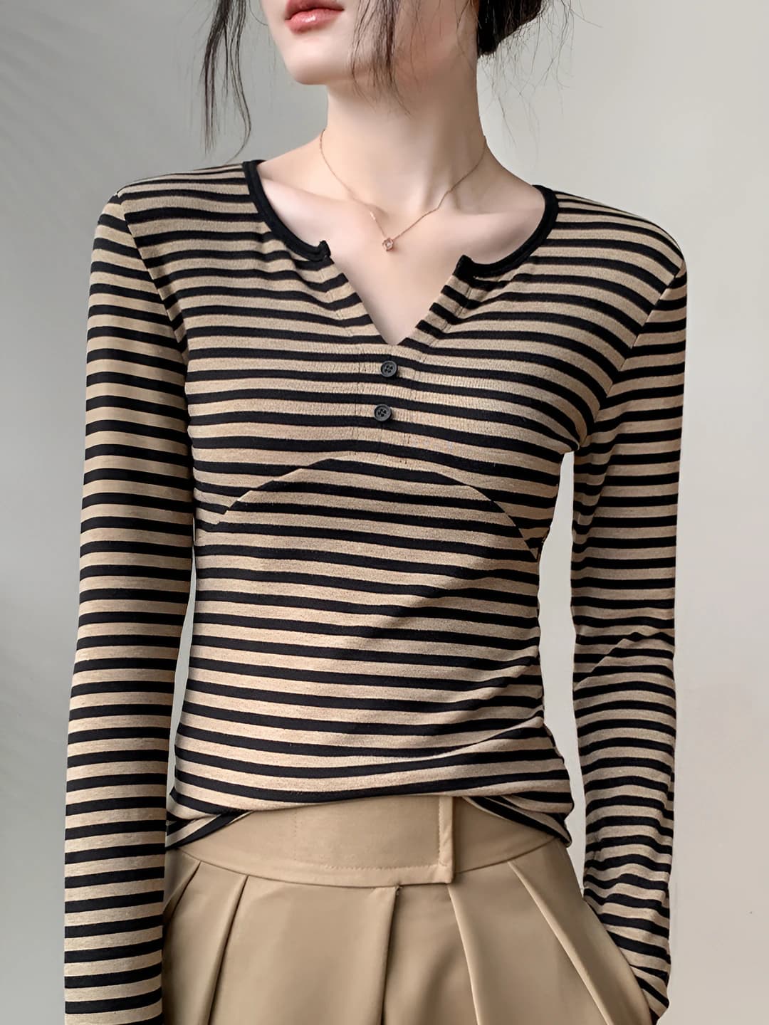 Women's striped long-sleeve V-neck long-sleeve base top for autumn