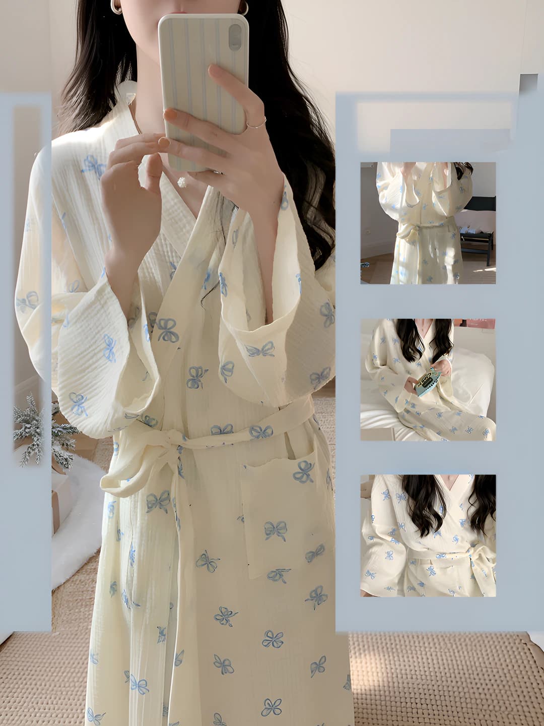 Ayollar uchun kuzgi uy xalati, poliester mato, bo'sh (oversize) kesim, tasma bilan, shirin uslub