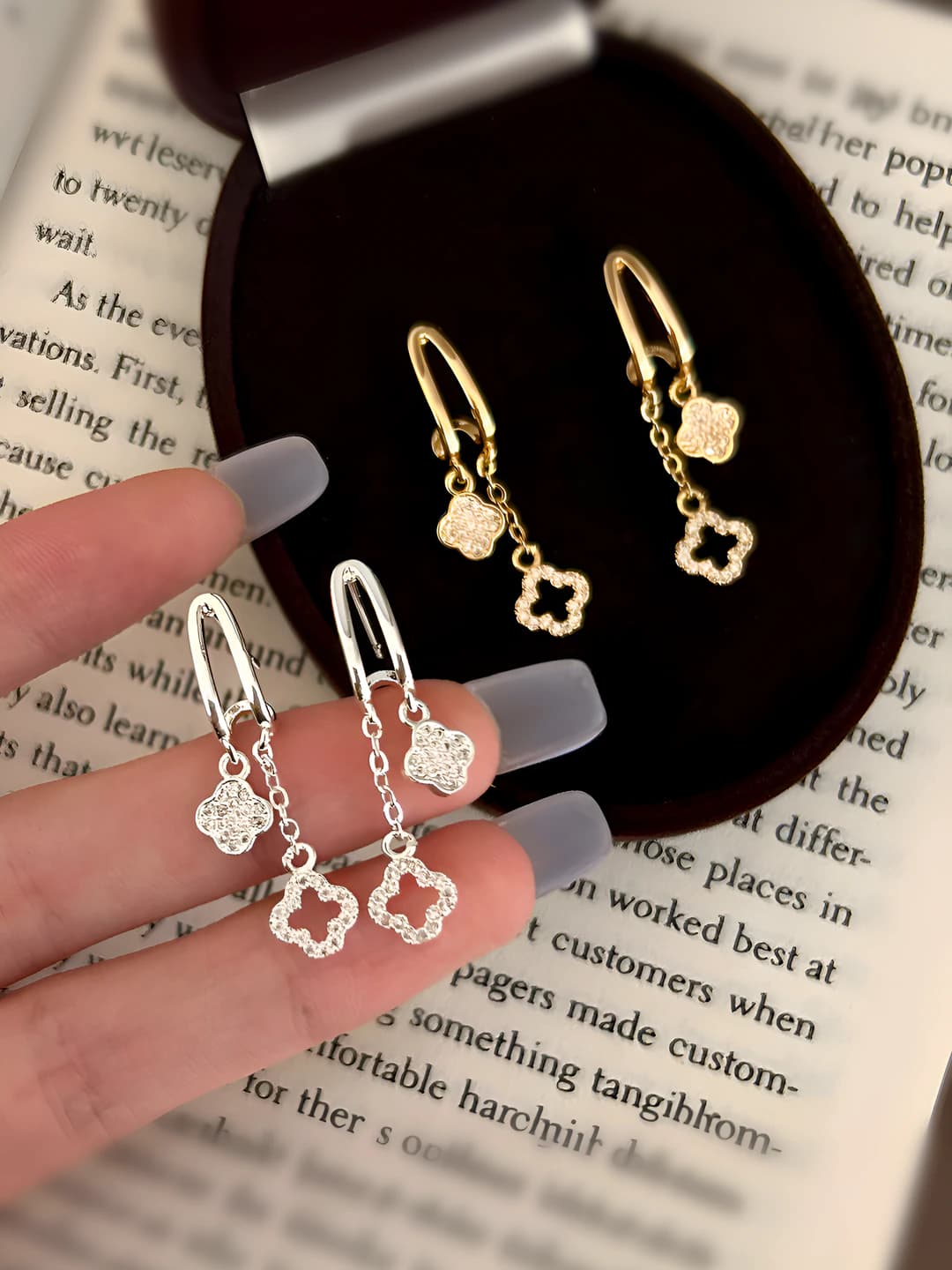 Women's zircon four-leaf flower tassel stud earrings with 18k thick silver plating