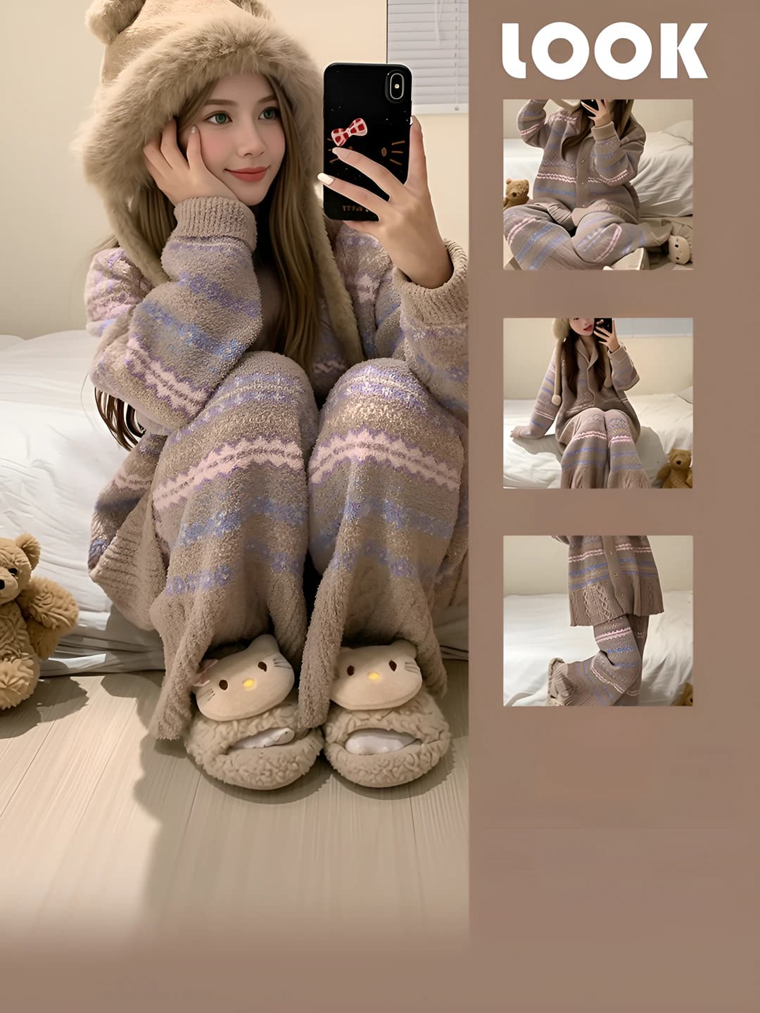 Women's loungewear set: autumn-winter, plus size, long sleeve, trousers, V-neck, polyester, thick, 2026