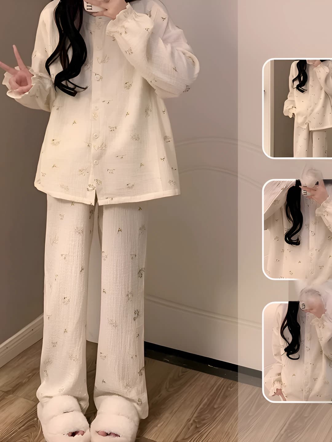 Women's Korean style pajama set with cardigan and trousers, lapel collar, long sleeve, casual loungewear, spring-autumn and winter