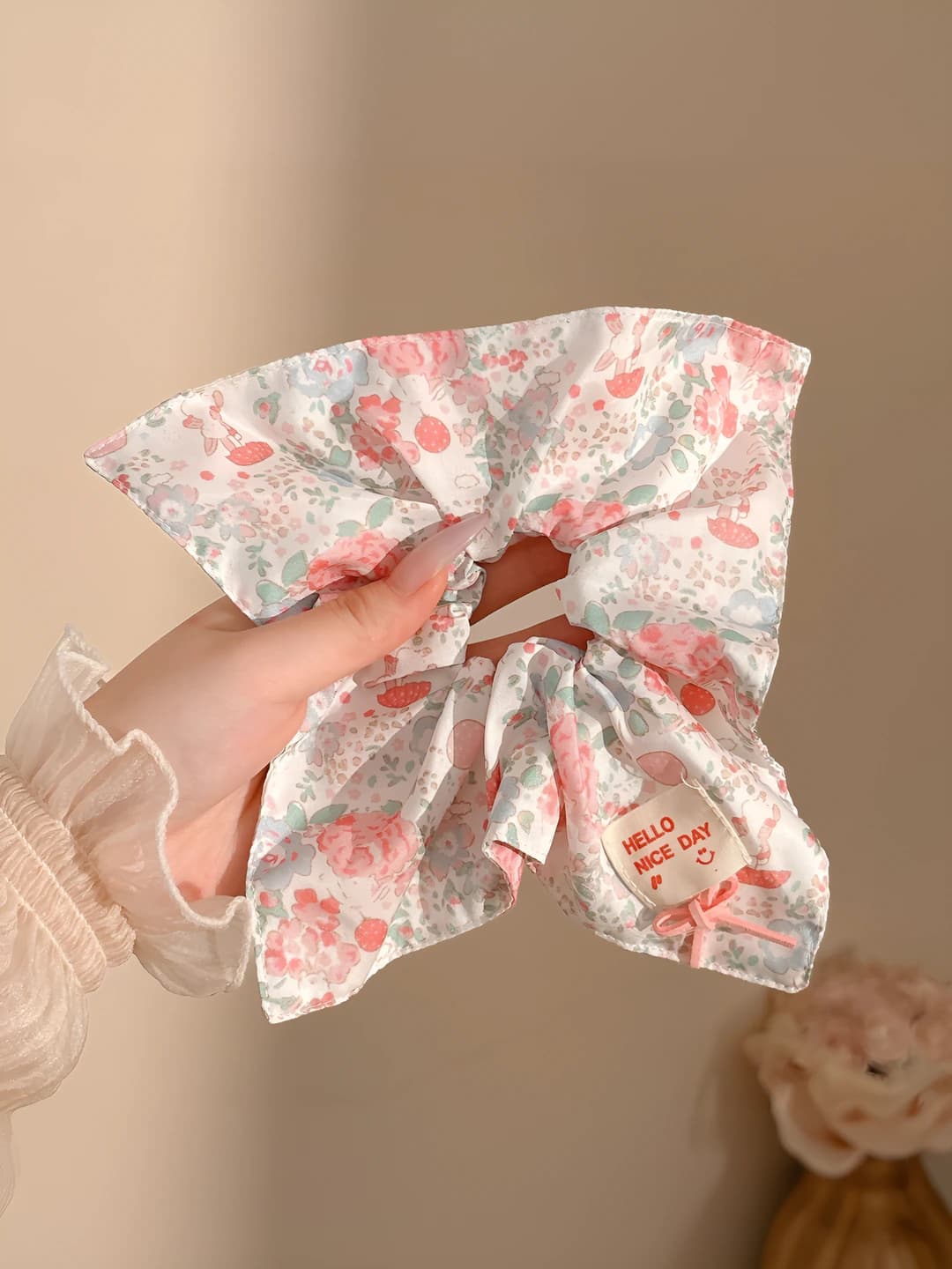 3# Розовый мелкий цветочный квадратный платок-резинка ~21*22 см