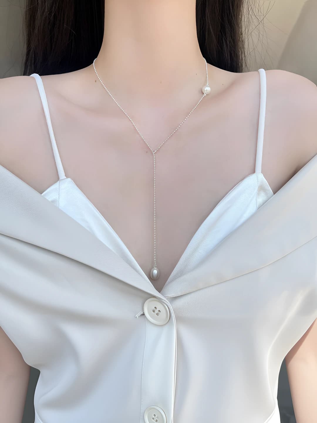 Women's long silver pearl necklace, ins style, clavicle chain