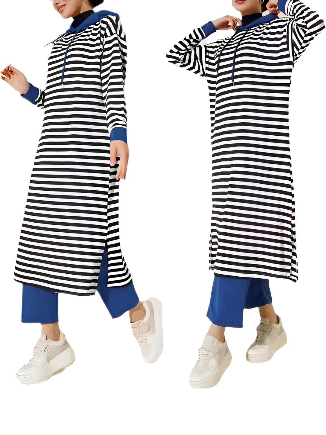 Women's casual two-piece set: long hooded striped tunic with loose fit and trousers