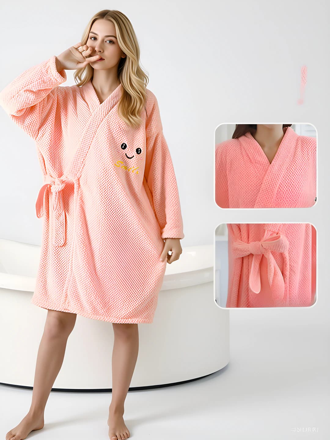 Women's coral fleece house robe, thickened, embroidered, with tie, for autumn