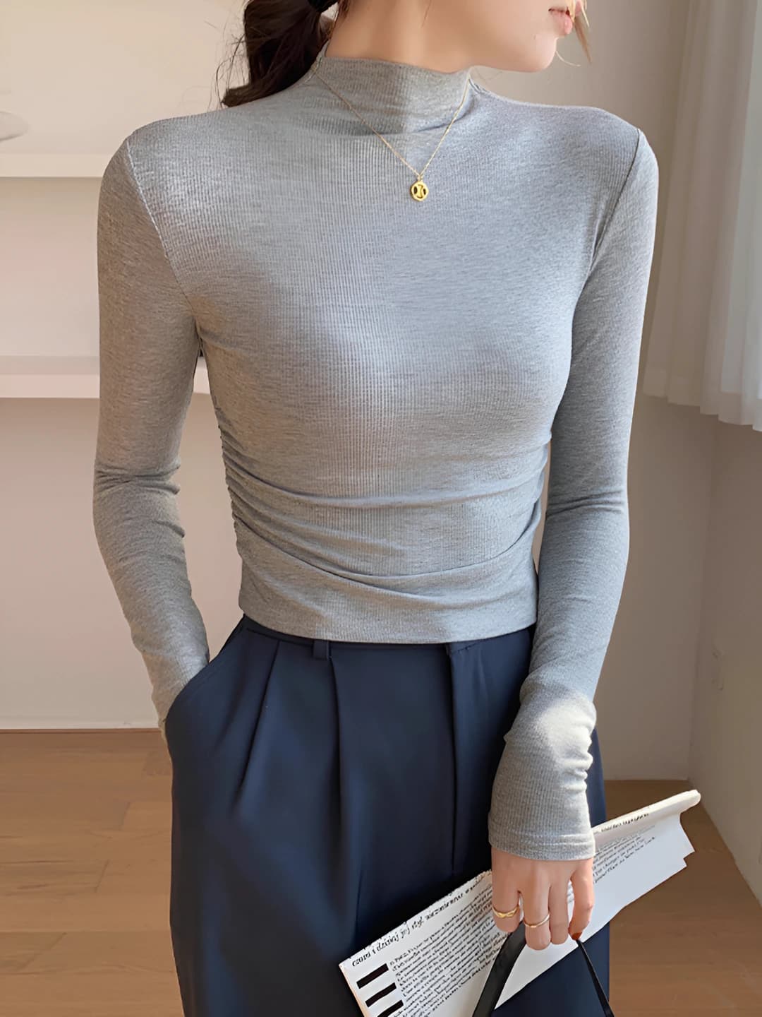 Women's spring-autumn long sleeve mock neck slim fit cropped long-sleeve base top, slimming