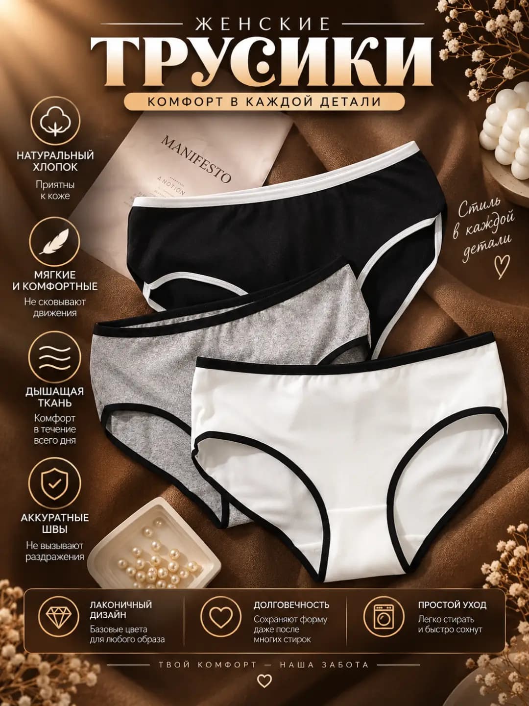 Women's solid colour sports style briefs, mid waist, all-season
