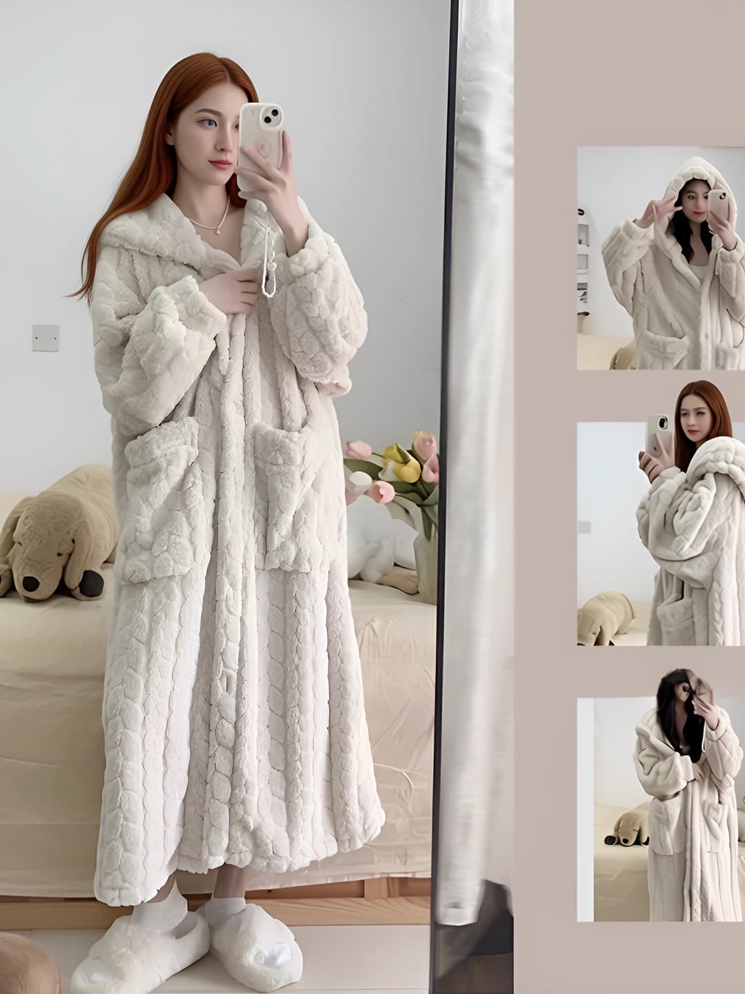 Women's winter long warm house robe in coral fleece with crew neck, thickened