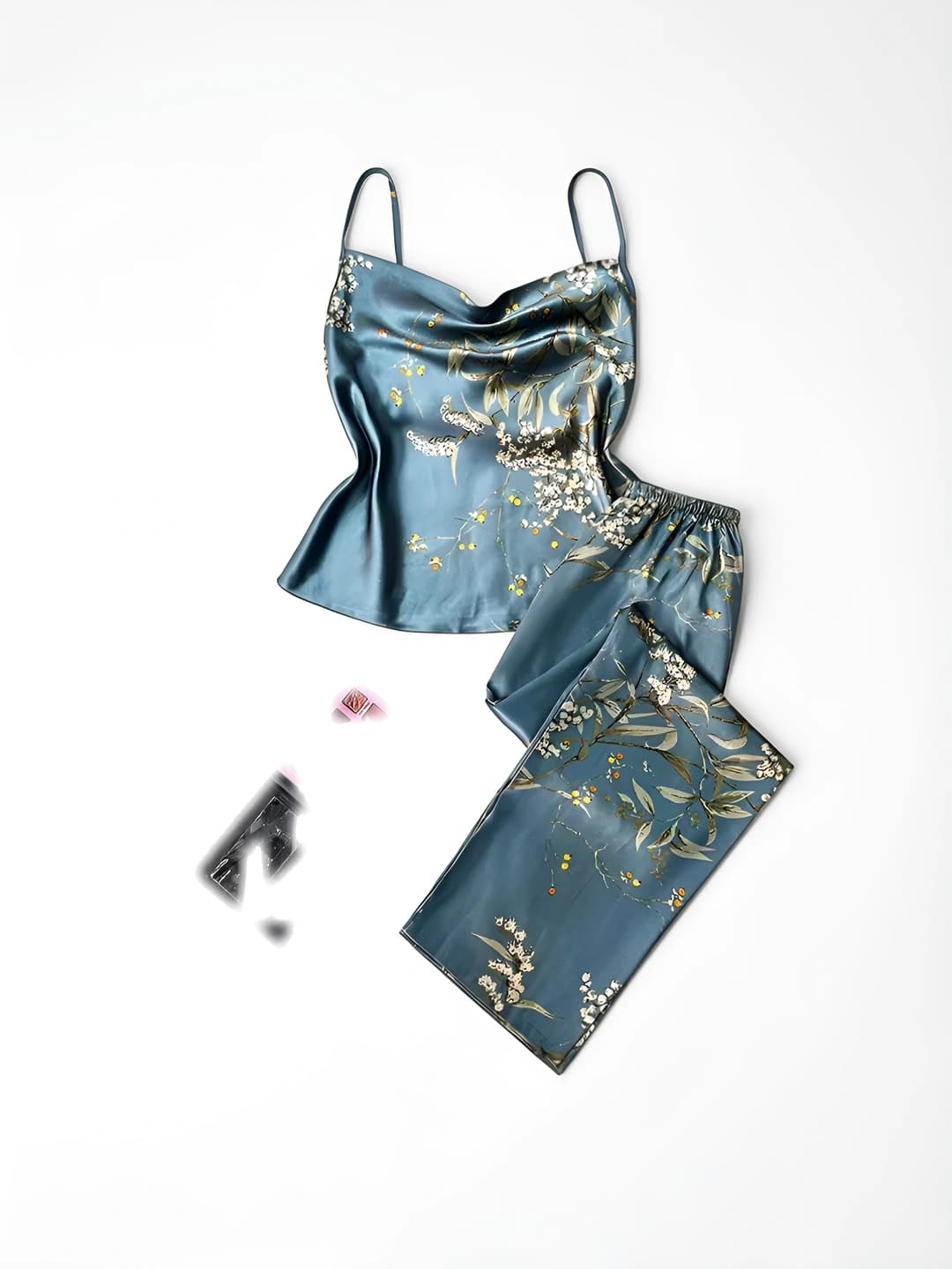 Women's spring-summer printed satin pajama set: V-neck sleeveless camisole top and long trousers