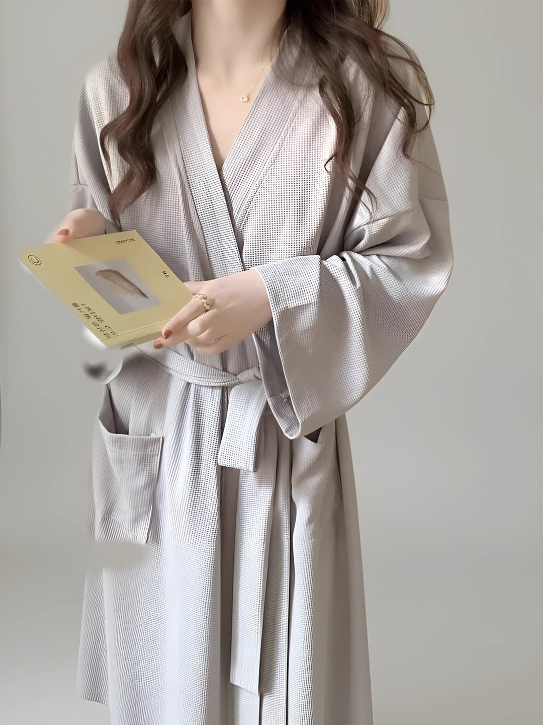 Women's long house robe spring-autumn 2026, V-neck, polyester, 501-600 g/m²