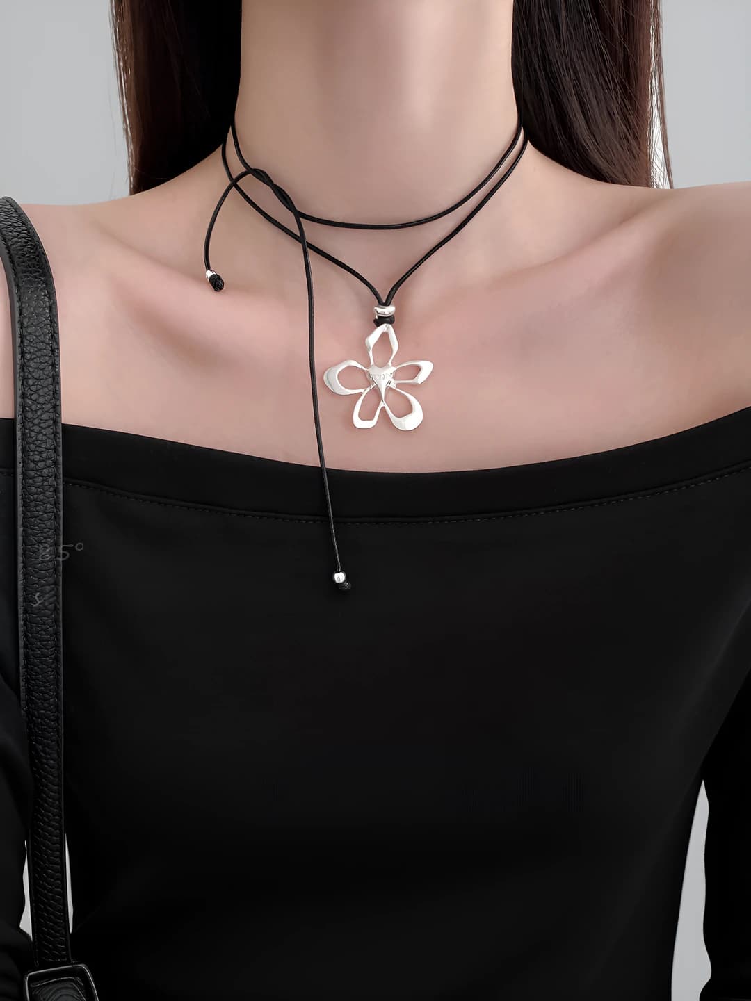 6# letter heart flower center silver five-petal flower pendant black cord necklace