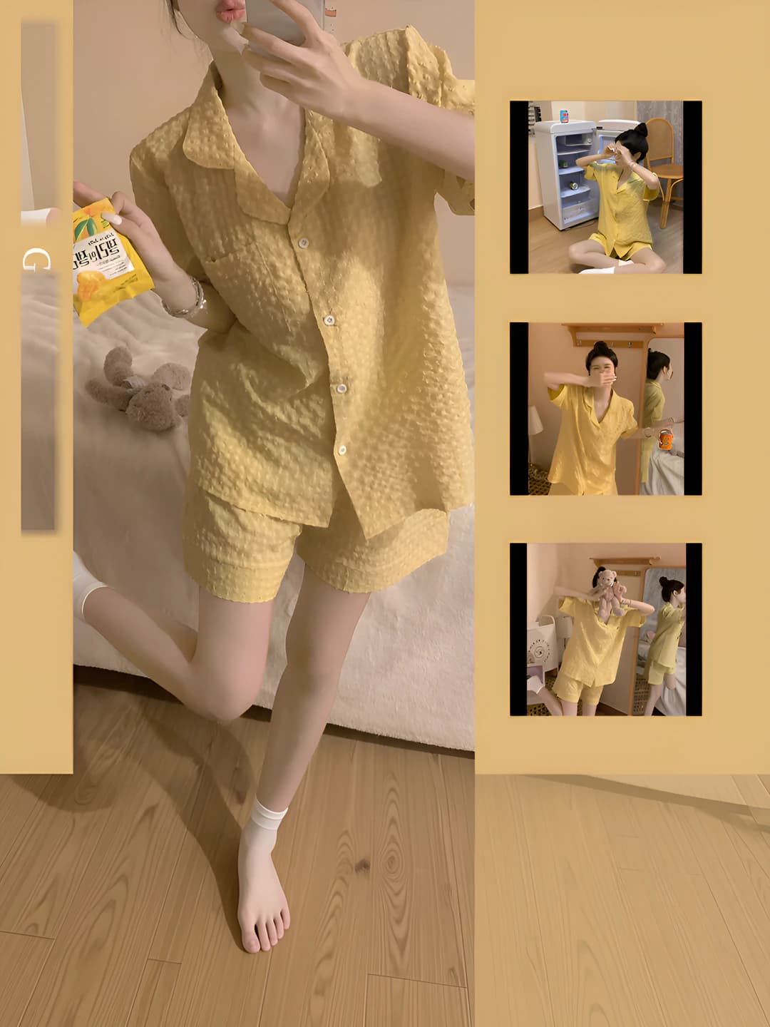 Ayollar uchun yozgi koreys uslubida katak pijama to'plami, kalta yeng, qaytarma yoqa, kundalik uy kiyimi, tashqarida kiyish mumkin