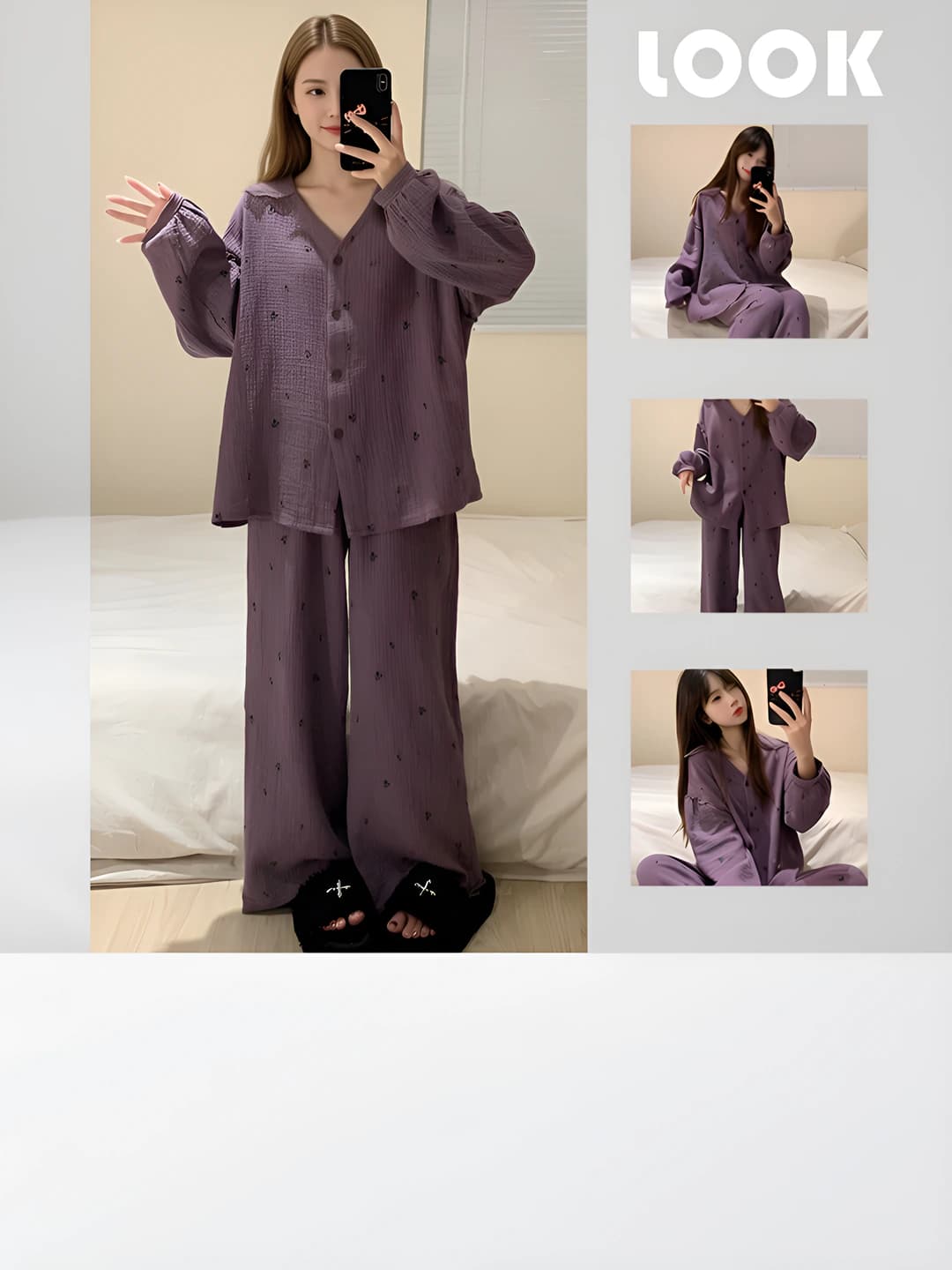 Ayollar uchun koreys uslubidagi binafsha rangdagi gullangan uzun yengli pijama to'plami, kuz-qish mavsumi uchun, katta o'lcham, teriga mos