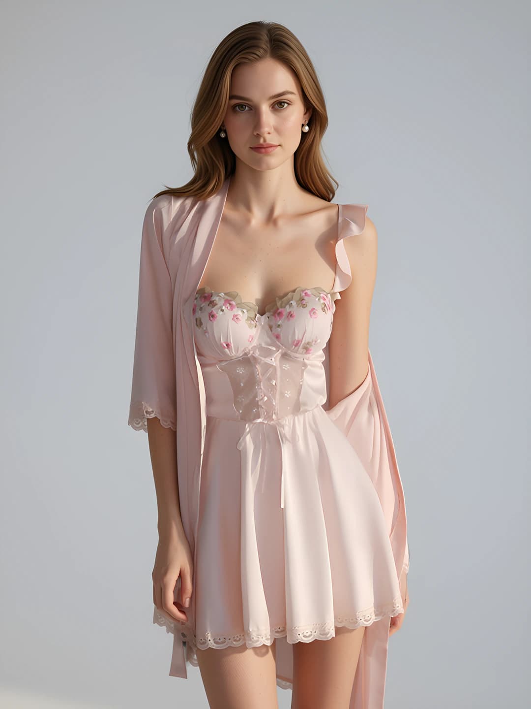 Women's satin lace nightgown and loungewear set, V-neck, sleeveless, stretch, breathable, all-season