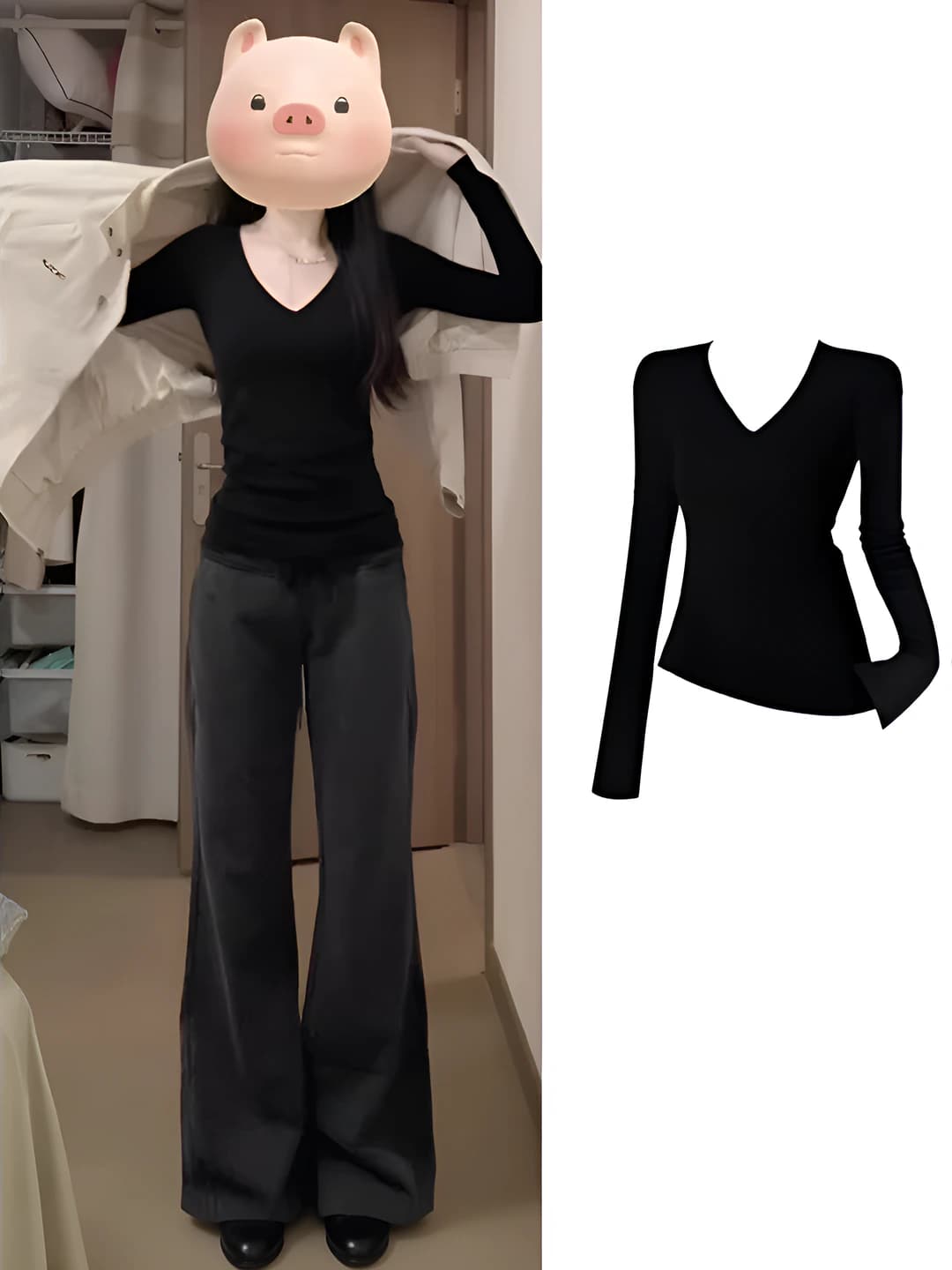 Women's fleece-lined long-sleeve base top, V-neck, long sleeve, slim fit, autumn-winter
