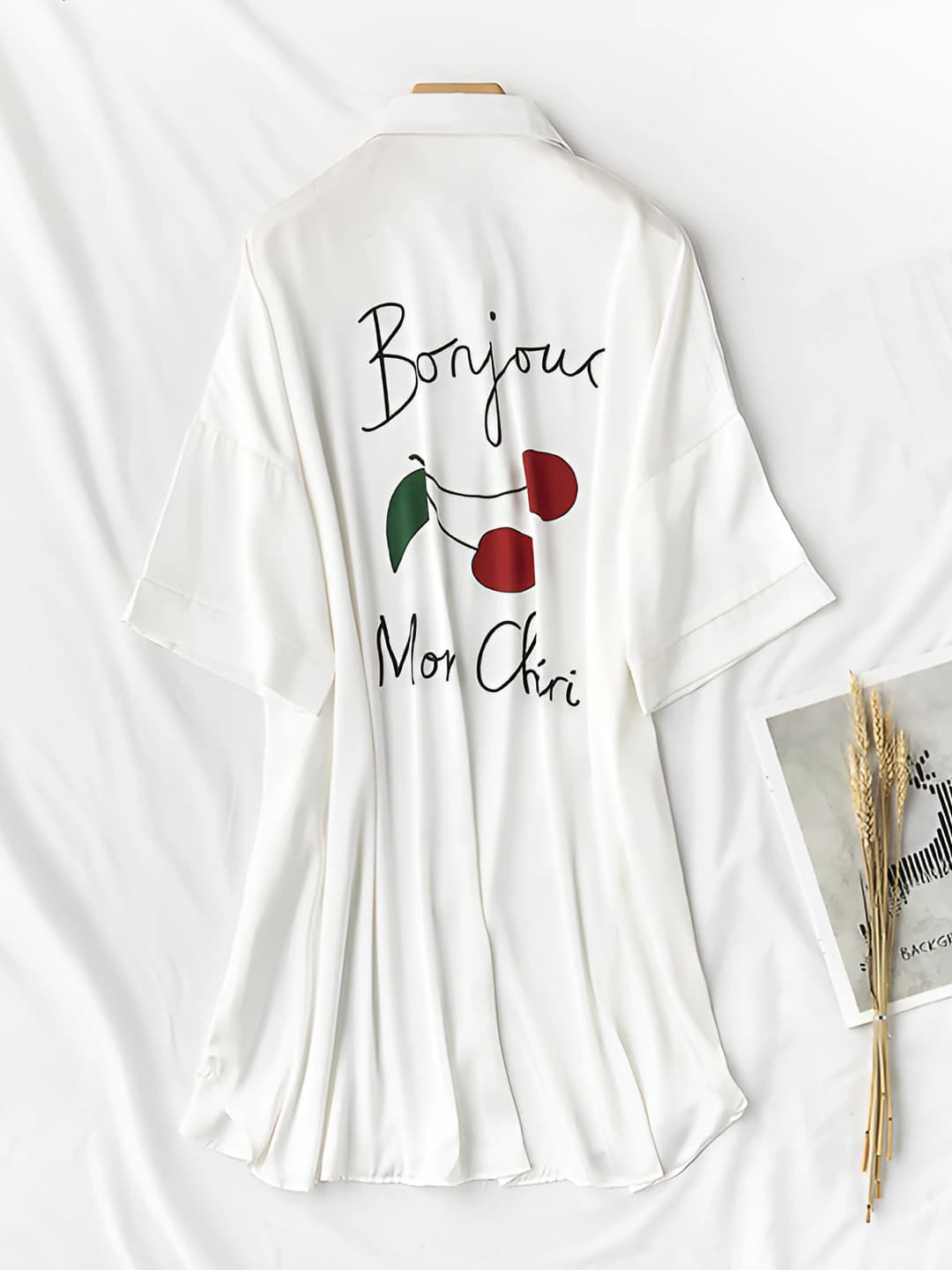 Women's thin ice-silk fabric nightgown, loose fit, short sleeve, white, all-season, can be worn outside