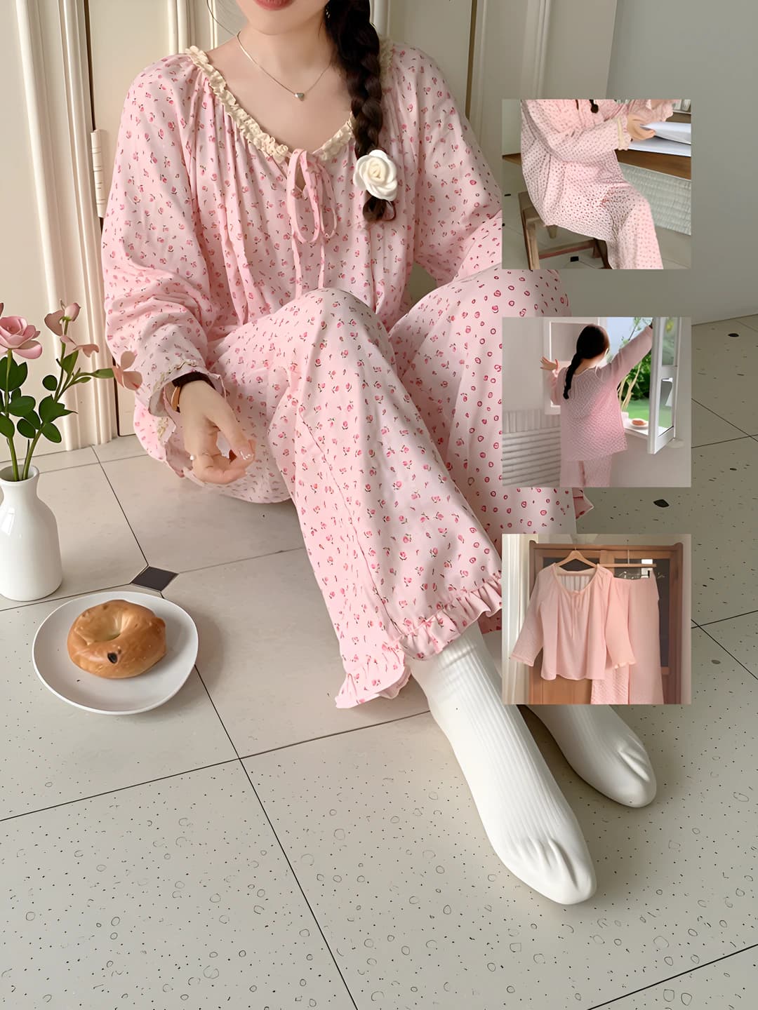Women's loungewear set: lace, bow, loose fit, pink floral pattern, long sleeve, trousers, crew neck, autumn