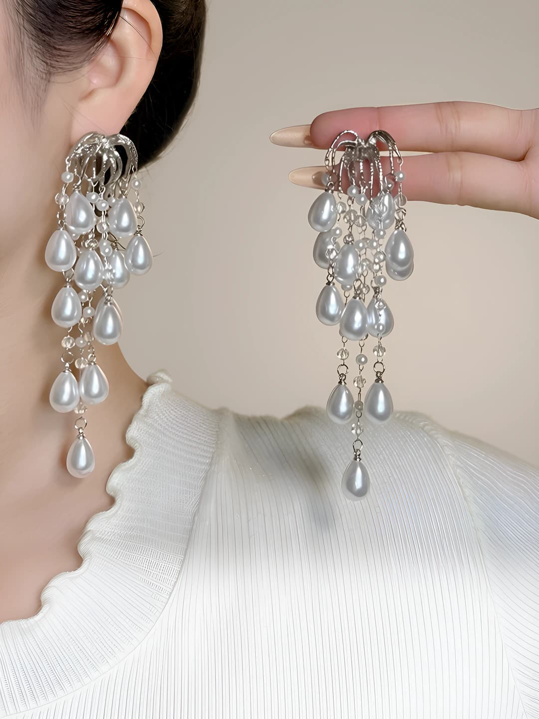 Women's French light luxury pearl tassel dangle earrings, 925 silver post, geometric design element, premium style