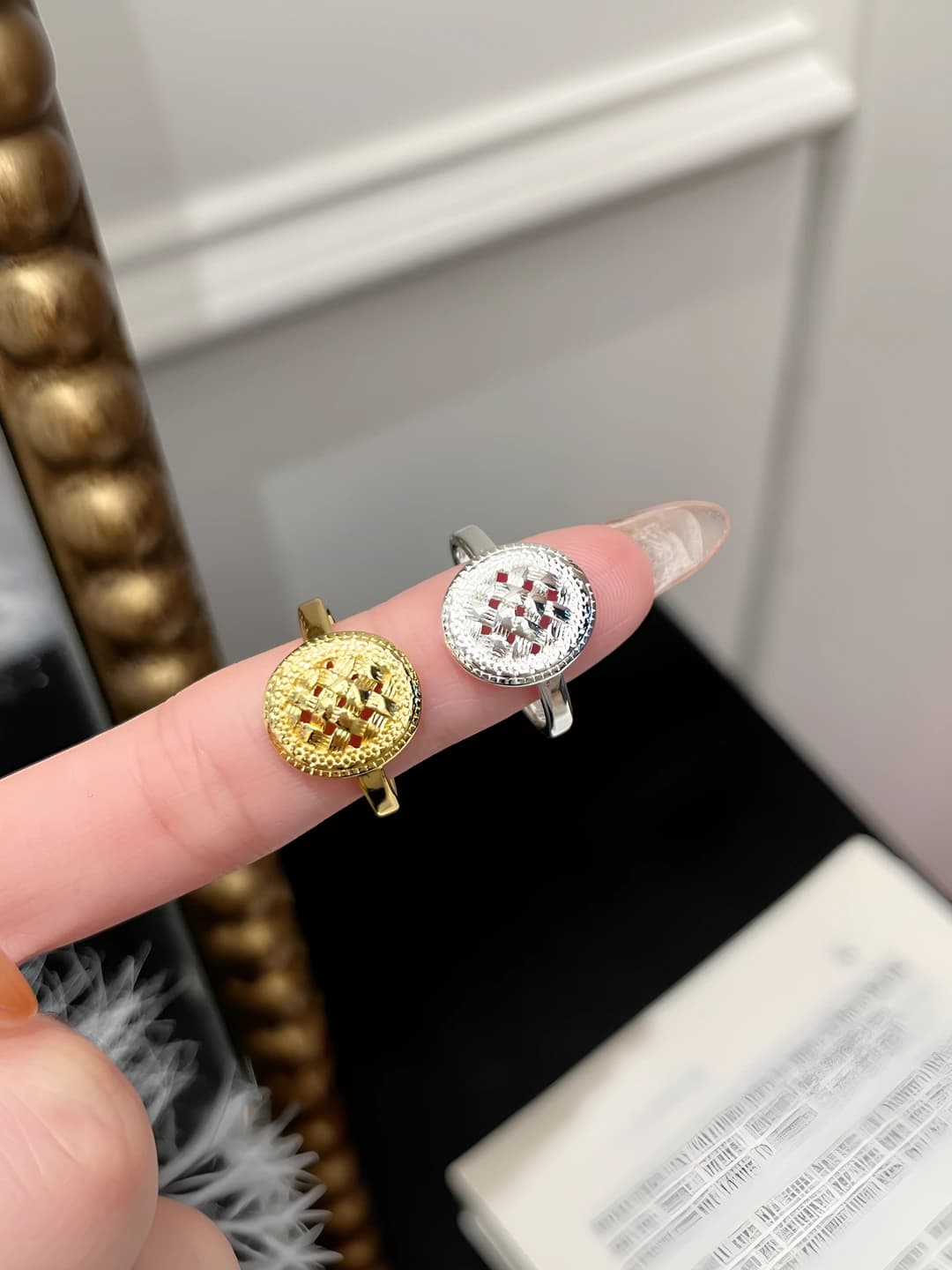 Women's open ring with geometric pattern, adjustable size, ins style, silver color