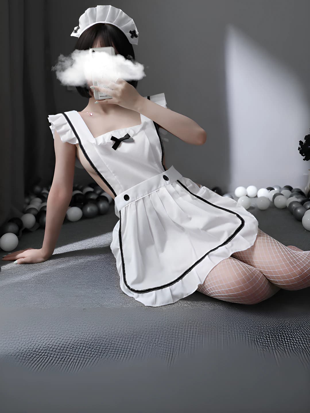 Women's maid costume lingerie set: polyester, open back, ruffled mini skirt, cute girl style
