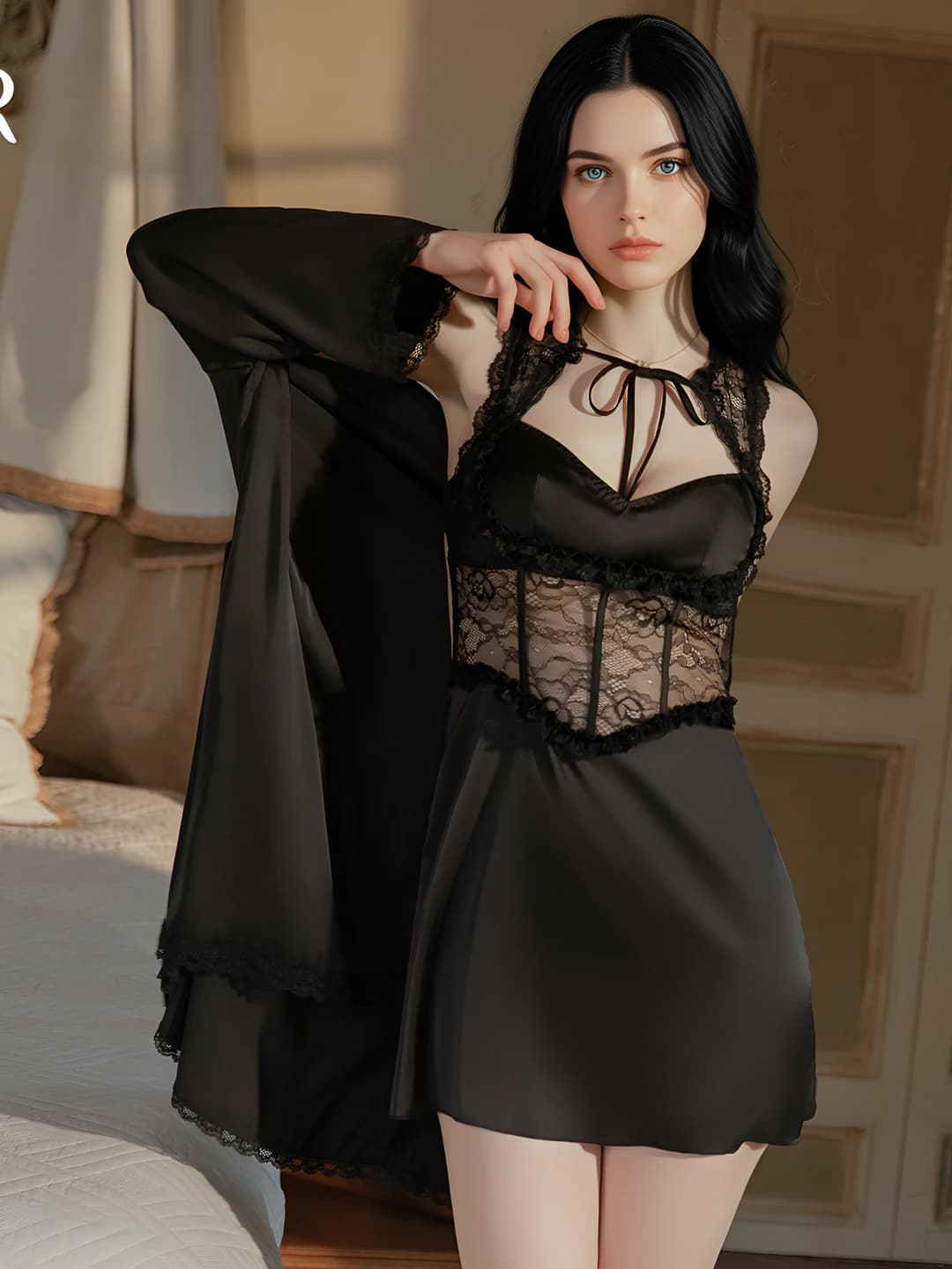 Women's home wear set: satin lace nightgown with V-neck